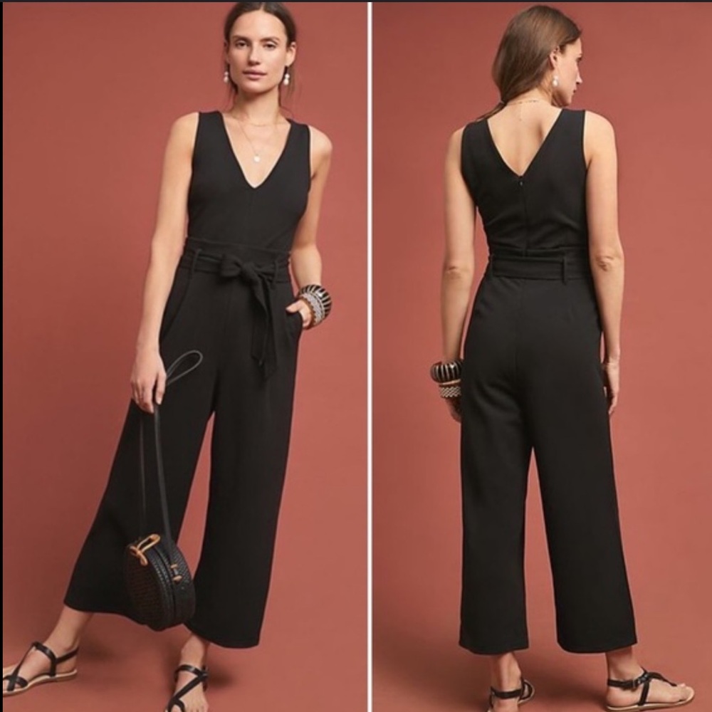 ANTHROPOLOGIE V-Neck Tie Waist Black Jumpsuit Size L
